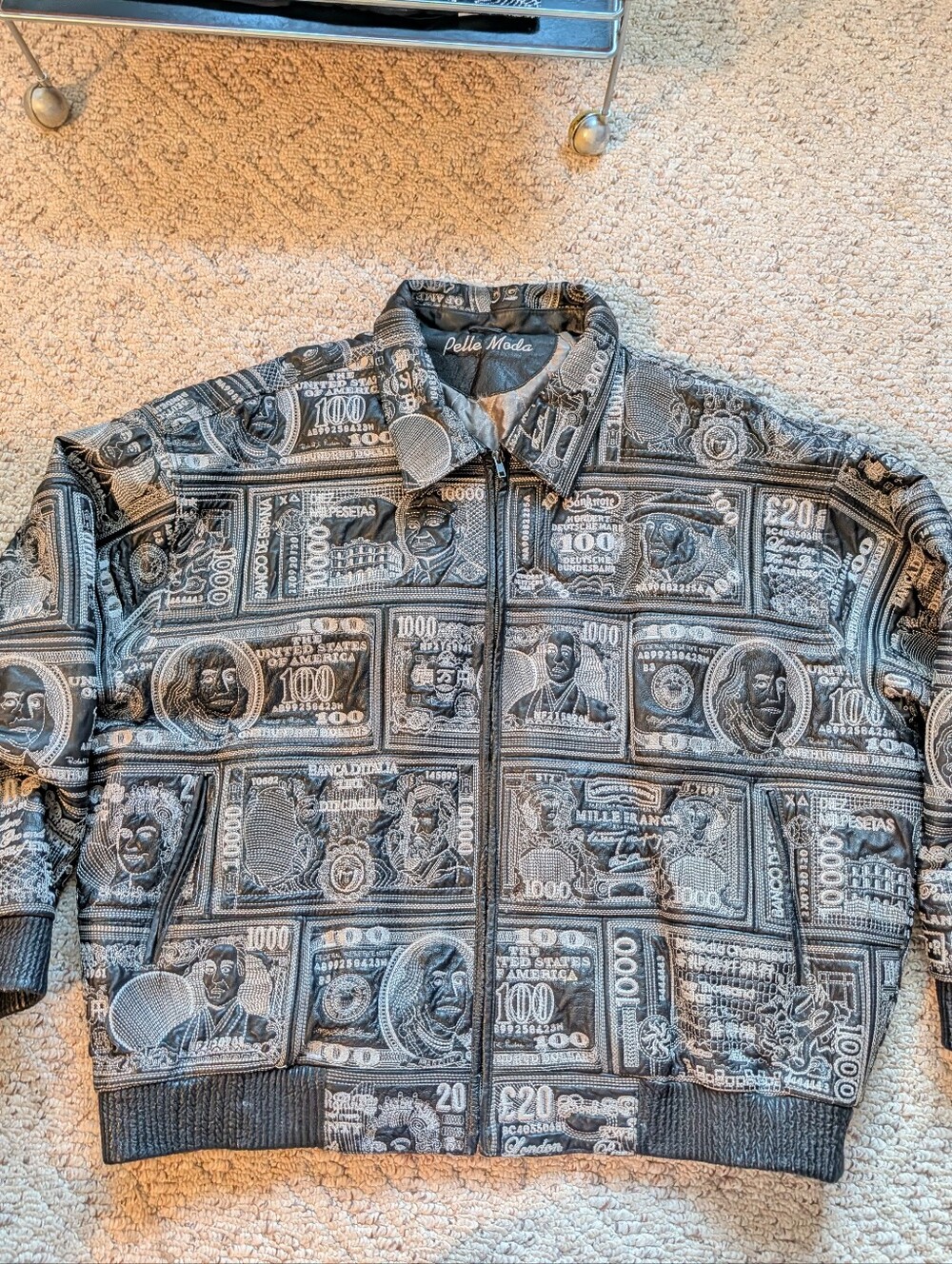 Rare Vintage 90s Y2K Pelle Moda Leather Embroidered World Currency Money Jacket
